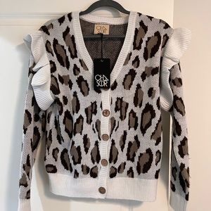 Chaser brand leopard cardigan with ruffle detail